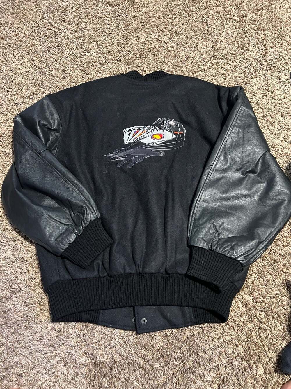 Vintage Burk's Bay Poker Run Embroidered Wool & Leather Varsity Jacket Size L